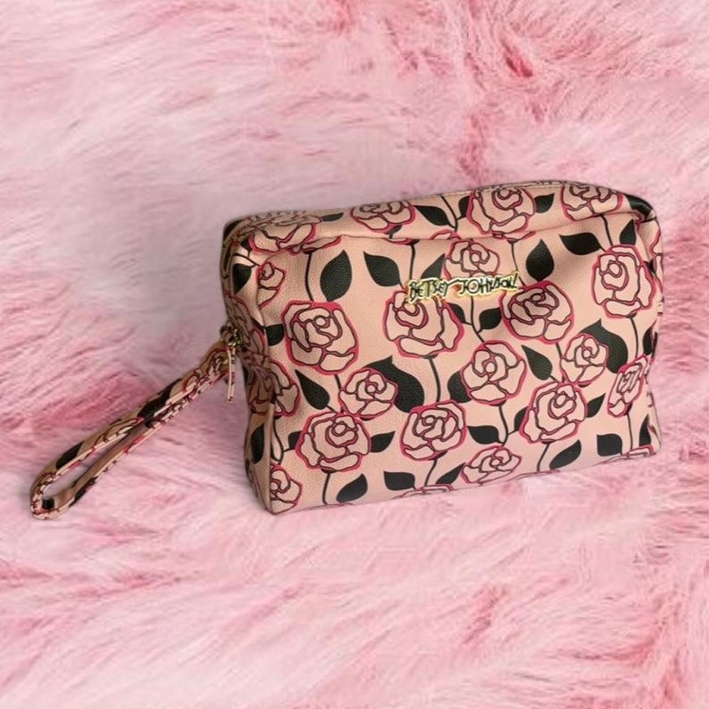 Betsey Johnson Large Pink Rose Floral Makeup Bag Travel Pouch Faux Vegan Leather